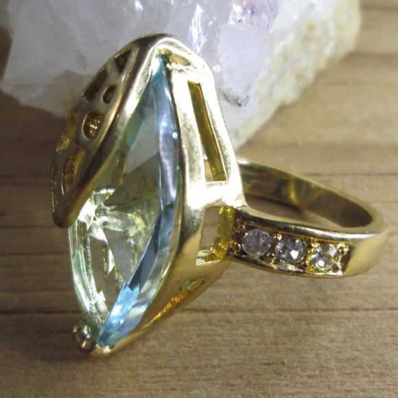 Large Sky Blue Marquise CZ Cocktail ring with Leaf Detail - Picture 6 of 9